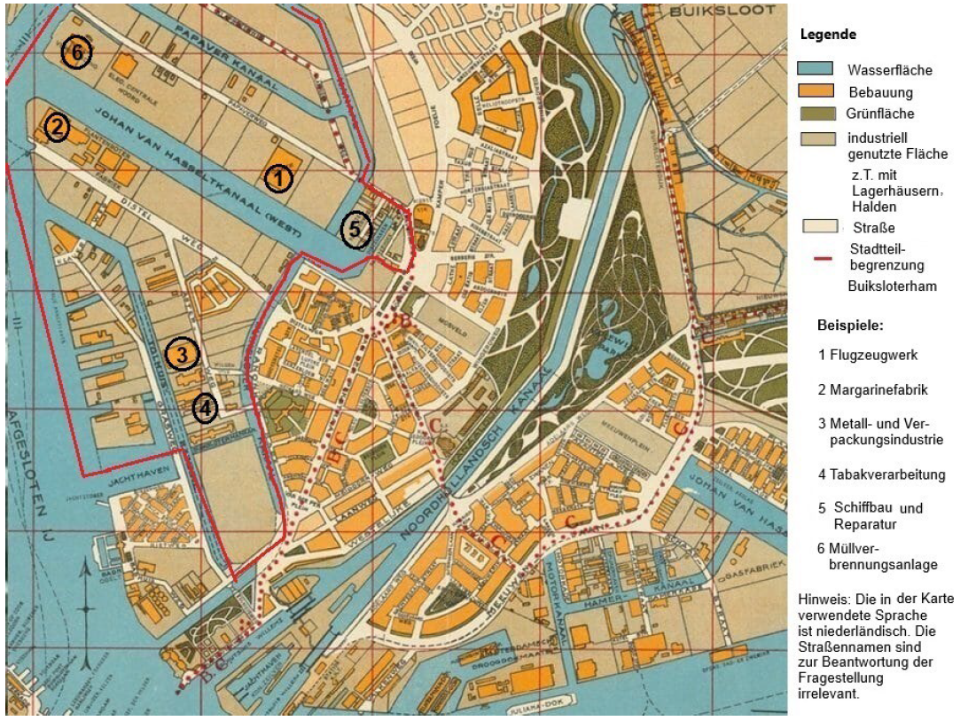 Historische Stadtkarte mit Kanälen, Gebäuden, Grünflächen, Legende und nummerierten Fabriken.
